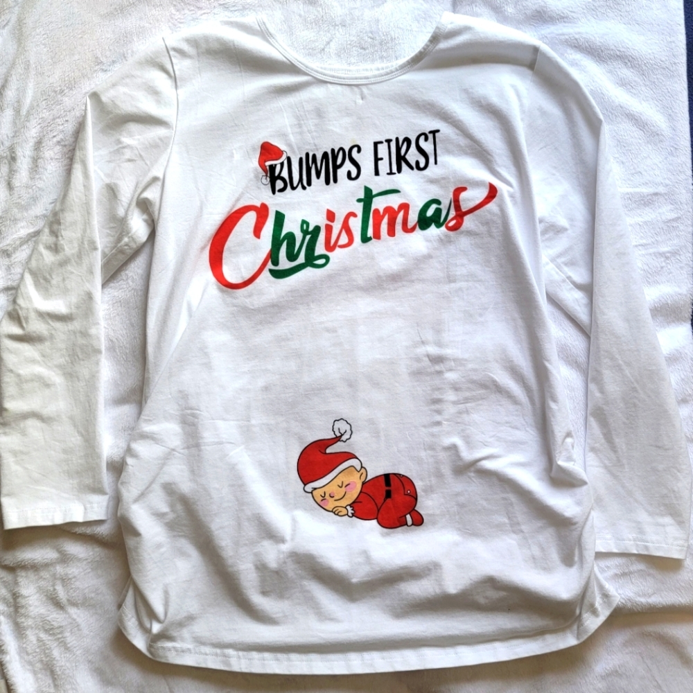 White Women's Maternity Christmas Long Sleeve T-Shirt Side Ruched Size XL